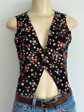 Vintage Vest Floral Black Red Single Button Cropped Small/Medium